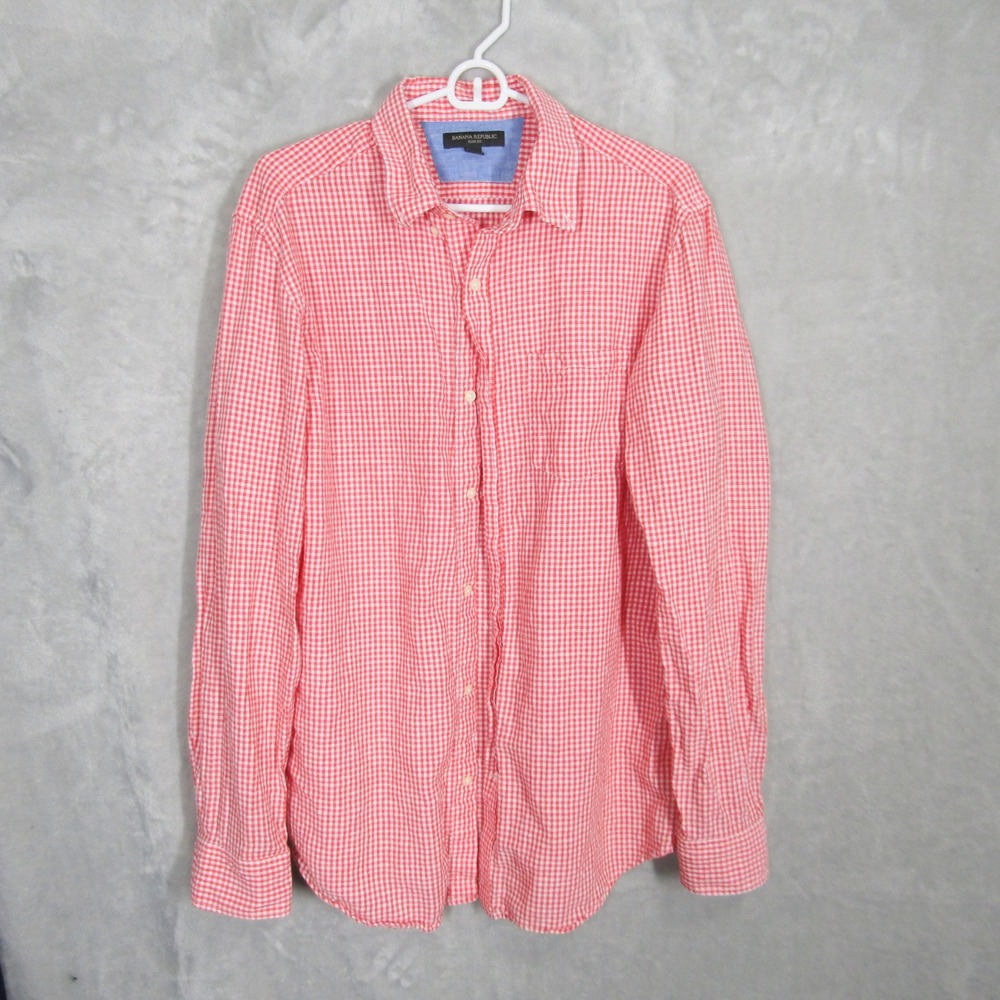 Banana Republic Shirt Men's Large Slim Fit Red Gingham Linen Cotton Button Down